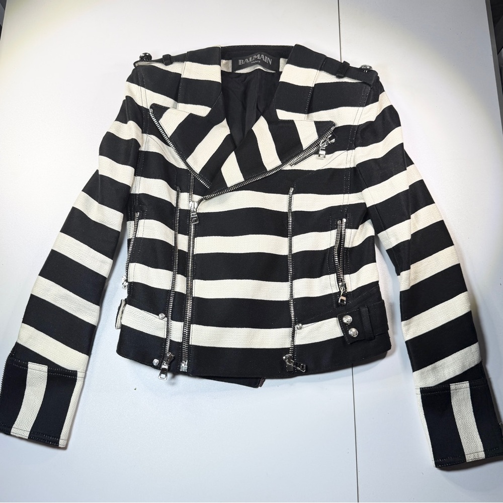 Balmain Black and White Linen Zippered Collared Jacket size XS